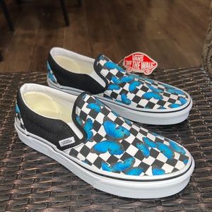 Vans Checkerboard Slip-On Sneakers with Blue Butterfly Print
